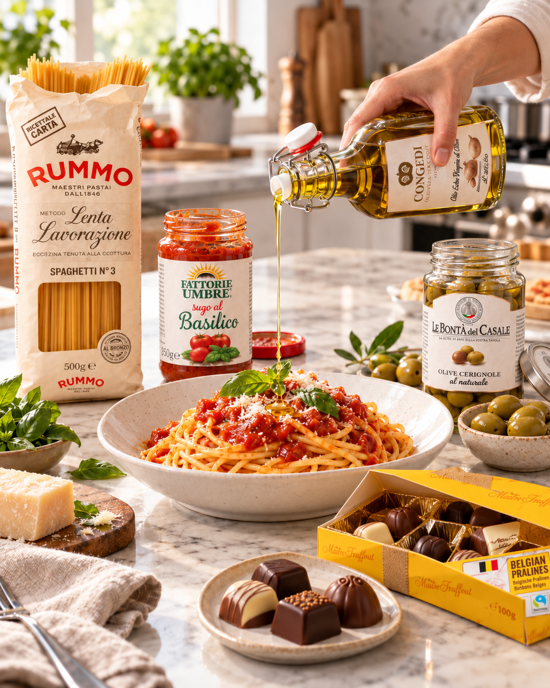 Il Classico, Spaghetti al Basilico angerichtet, daneben die Produkte des Korbs