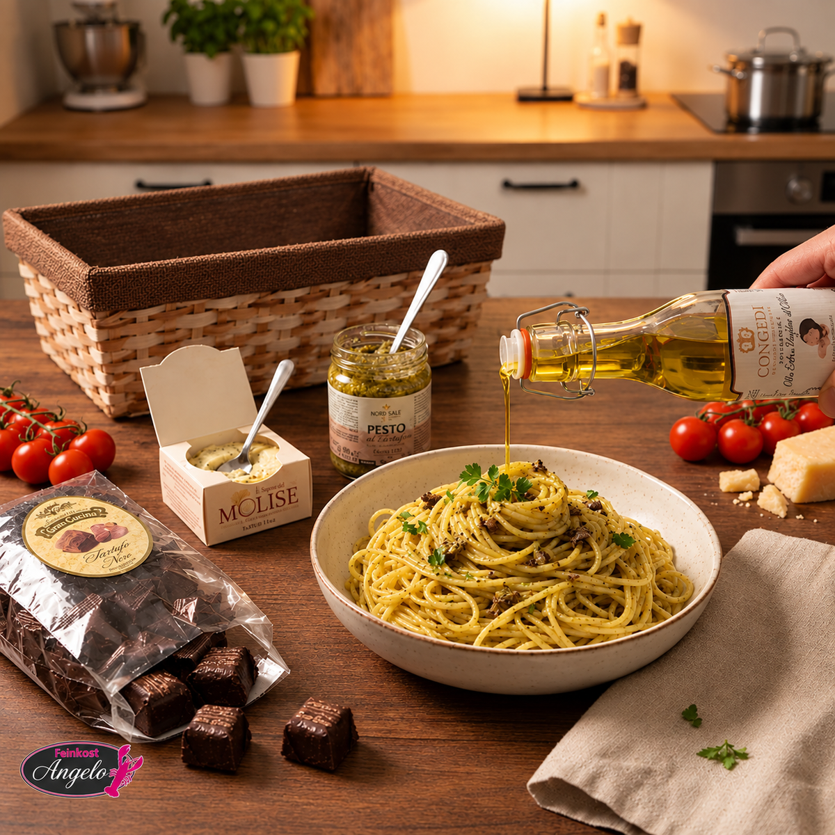 Il Cesto del Tartufo, Trüffel-Tagliolini angerichtet, daneben die Produkte des Korbs